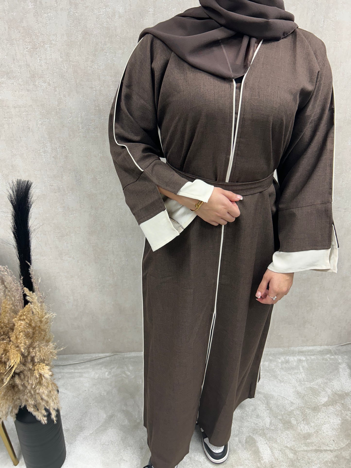 Linen contrast abaya - 3 piece