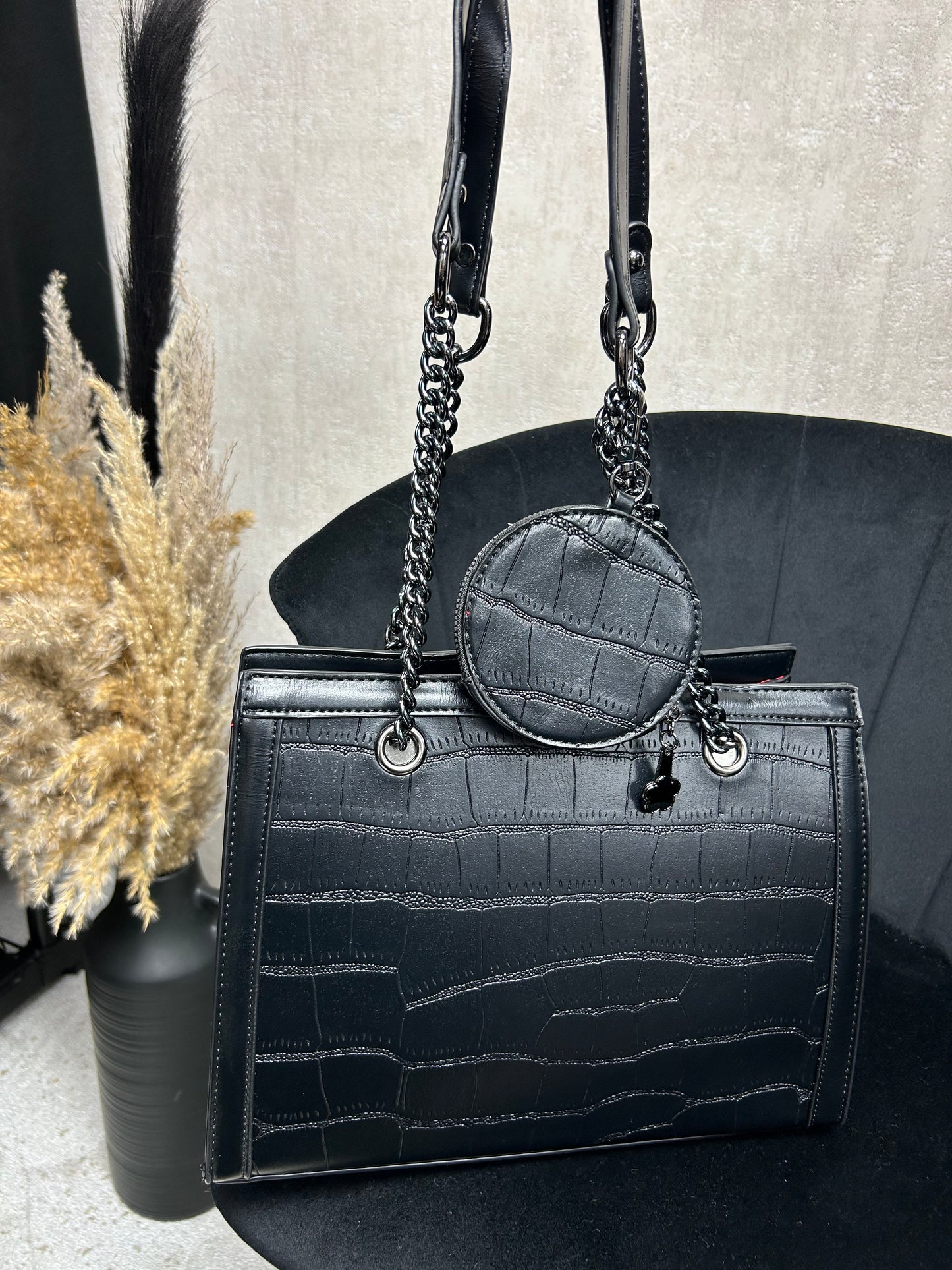 Croc Leather Tote Bag With Pouch