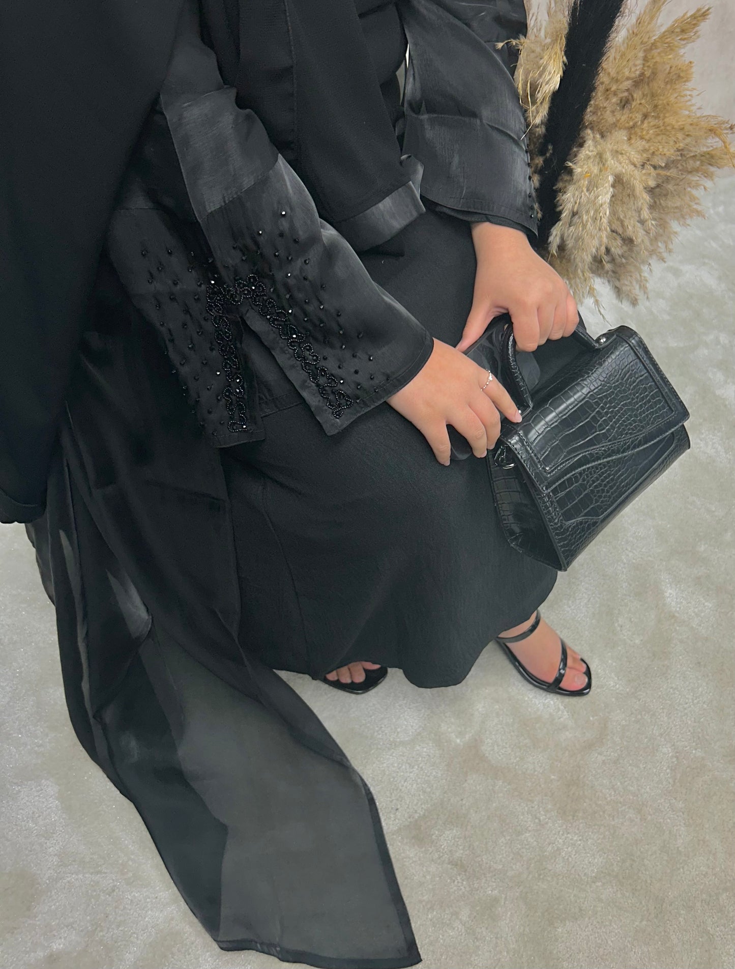 Embroidered cut sleeve organza abaya - 4 piece